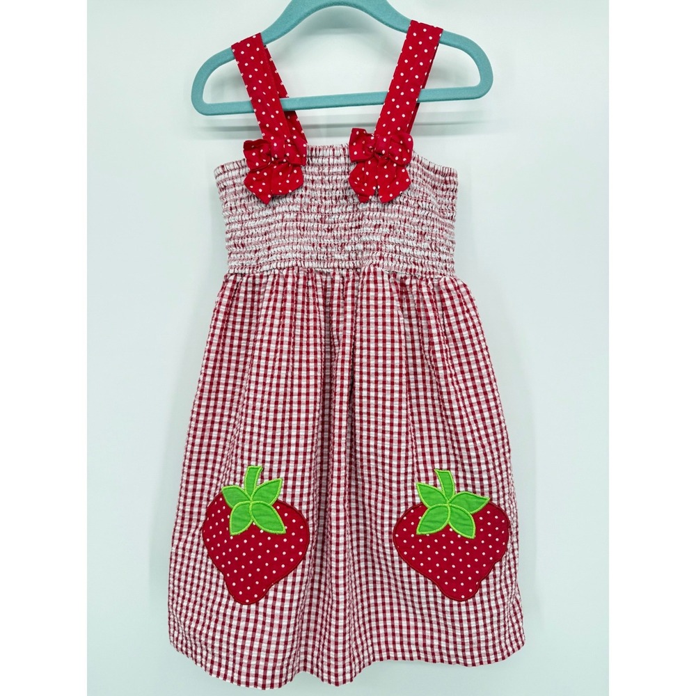Emily Rose Girls Red Gingham Strawberry Dress Size 5 Smocked Sundress
